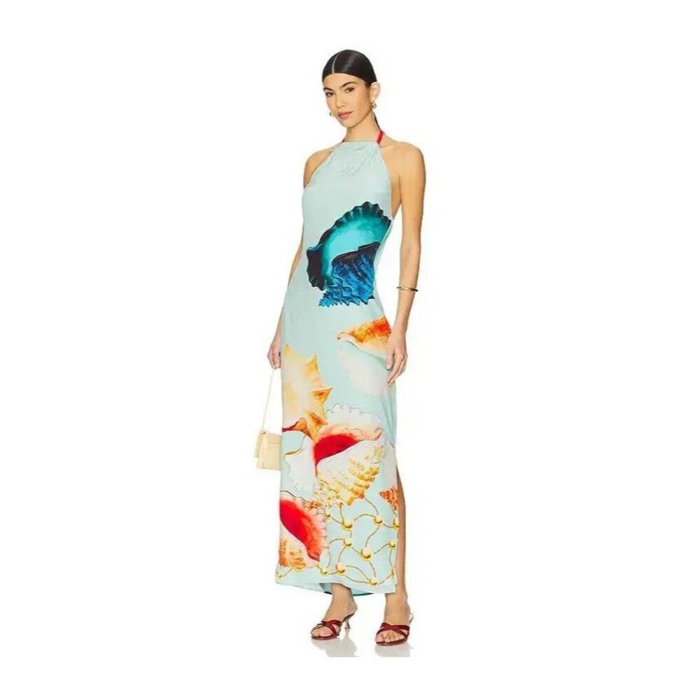 Muma World Murex Mist Vega Maxi Dress Baby Blue Shell Art Print Size XS